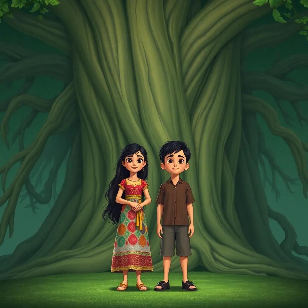 Nora, a young Arab girl with long, dark hair in a colorful dress, standing in front of a gigantic tree with sprawling roots, along with Shahab, a young Arab boy with short black hair in a casual shirt, magical and wise appearance, deep green colors, fantasy-like setting, illustration, high quality
