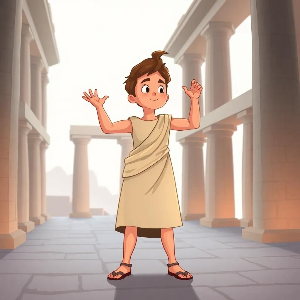 A brave young man named Hippasus, standing beside a square, filled with confidence and curiosity as he contemplates the diagonal, wearing a simple toga, surrounded by ancient Greek architecture, soft lighting, educational theme, digital art, engaging and bright