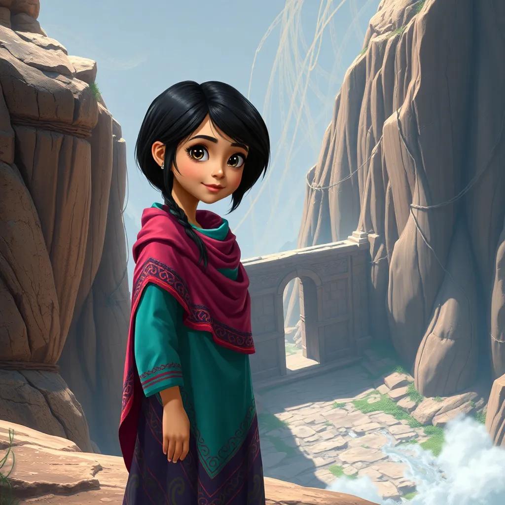 A young Arab girl, Noura, with shiny dark hair wearing a colorful abaya, standing at the edge of an abandoned cliff with a mysterious stone gate in front of her, detailed digital art, vibrant colors, captivating atmosphere, high quality