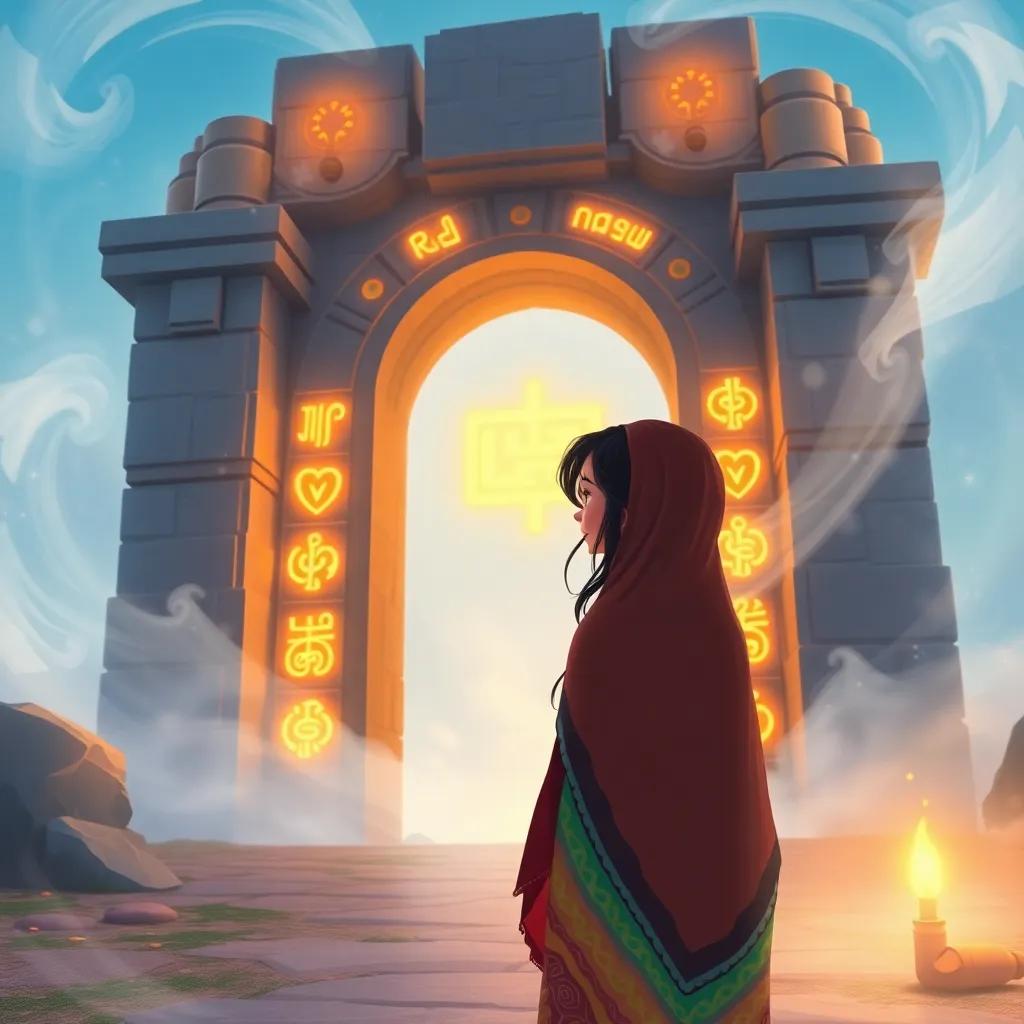 Noura, a young Arab girl with shiny dark hair in a colorful abaya, witnessing glowing ancient symbols on a huge stone gate, surrounded by a beautiful swirling mist, illustration, enchanting, magical, child-friendly