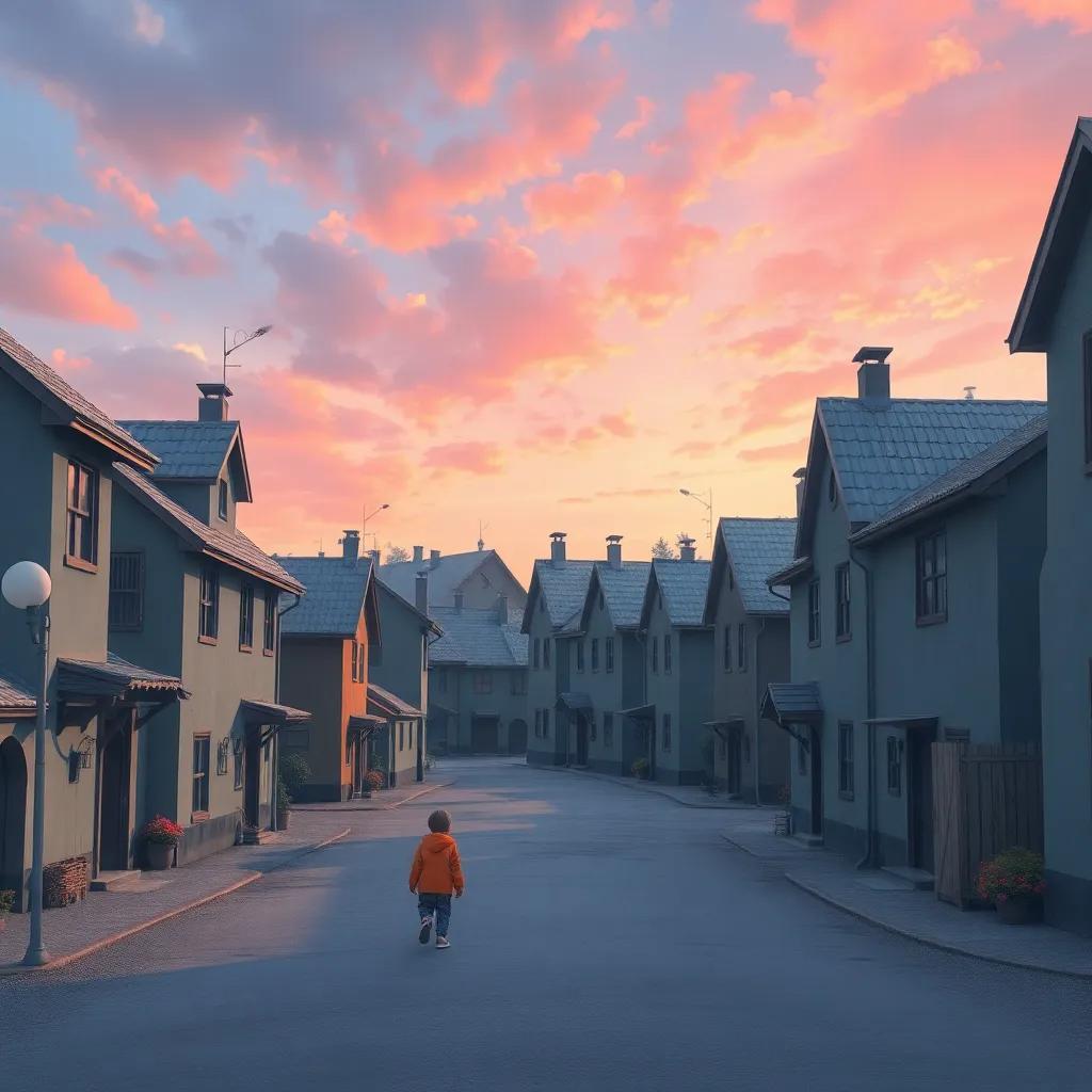 A gray village with children playing, surrounded by dull colored houses, looking up at a colorful sky, digital art, soft colors, cozy atmosphere, inviting perspective, high quality
