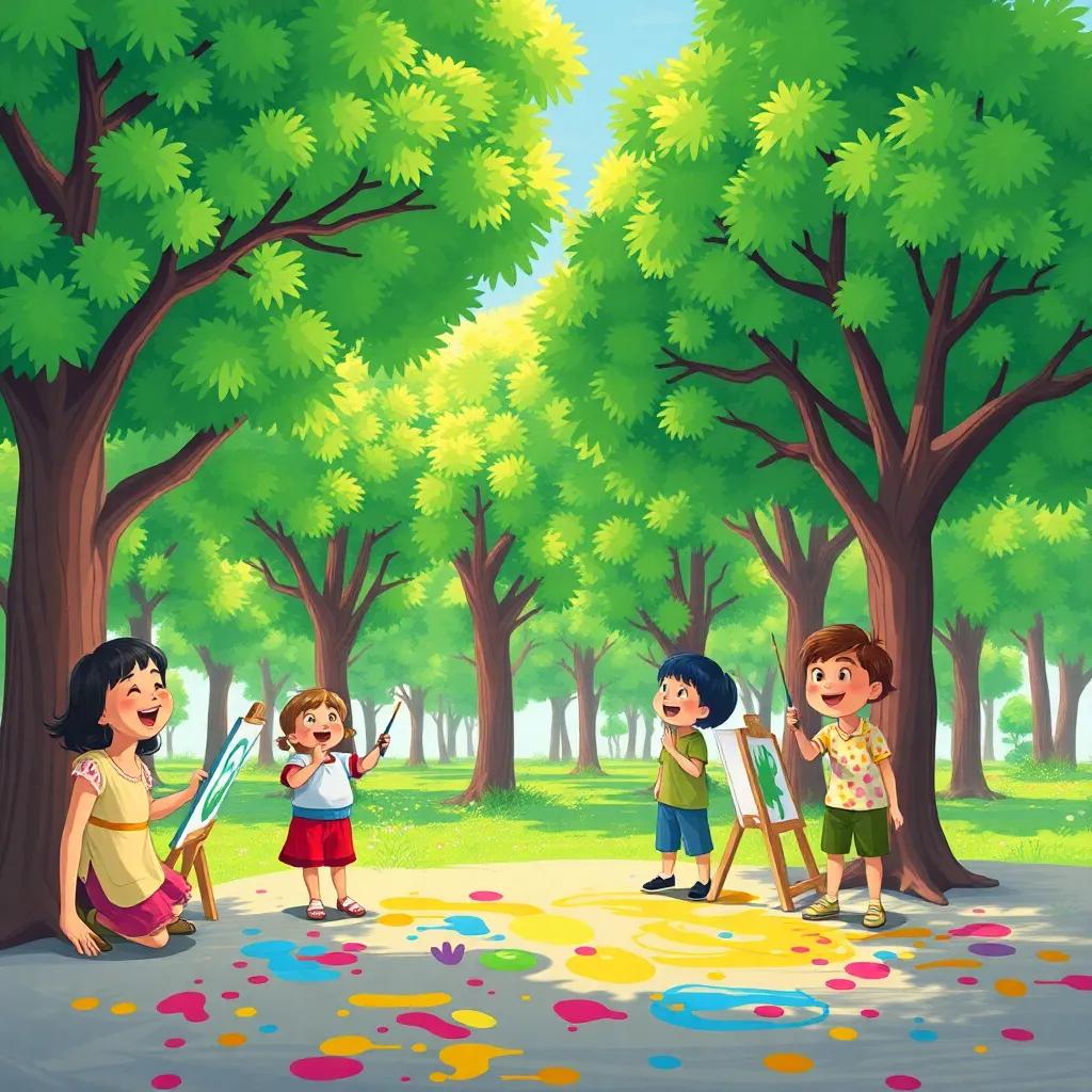 Children painting bright green trees, filled with laughter and joy, colorful splashes on the ground, illustration, vivid colors, fun and lively environment, child-friendly