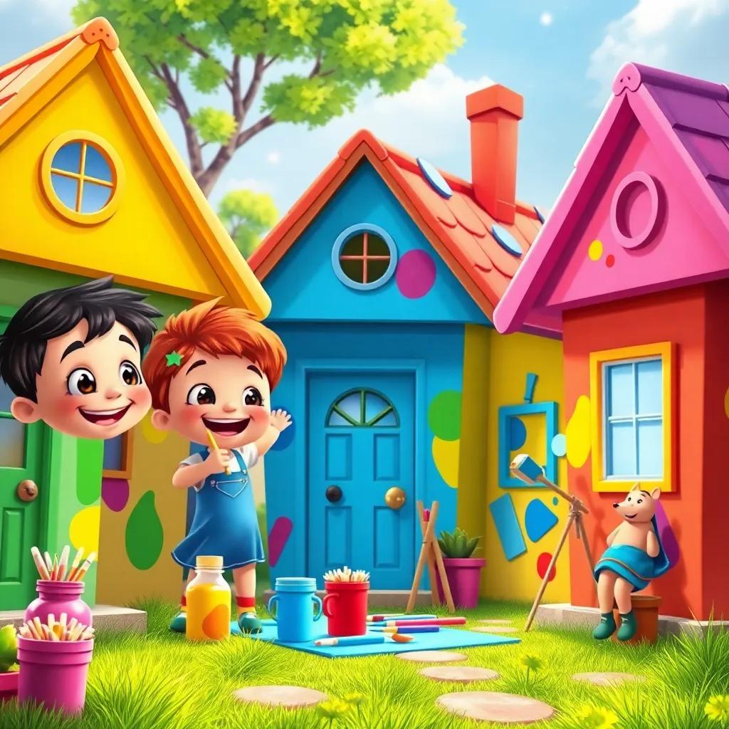 Children painting their houses in vibrant colors, with smiles on their faces, happy and excited, magic in the air, digital painting, bright colors, cheerful atmosphere, high detail