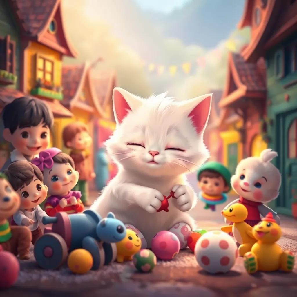 A small cat called 'Snow' playing with colorful toys, surrounded by happy children in the colorful village, soft light, warm colors, heartwarming scene, charming