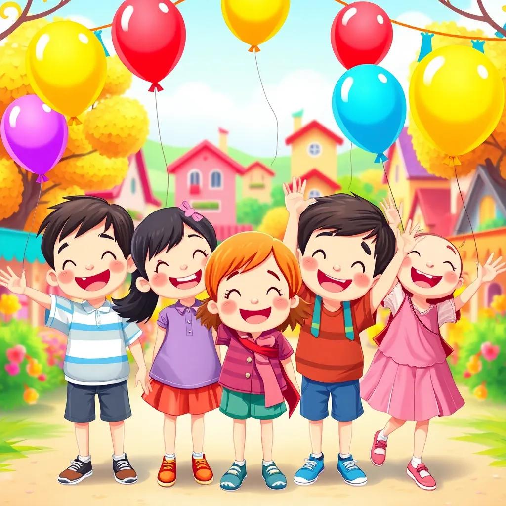 Children celebrating a colorful festival, with balloons and ribbons, joyful expressions, a vibrant background of colored trees and houses, illustration, festive atmosphere, bright and cheerful