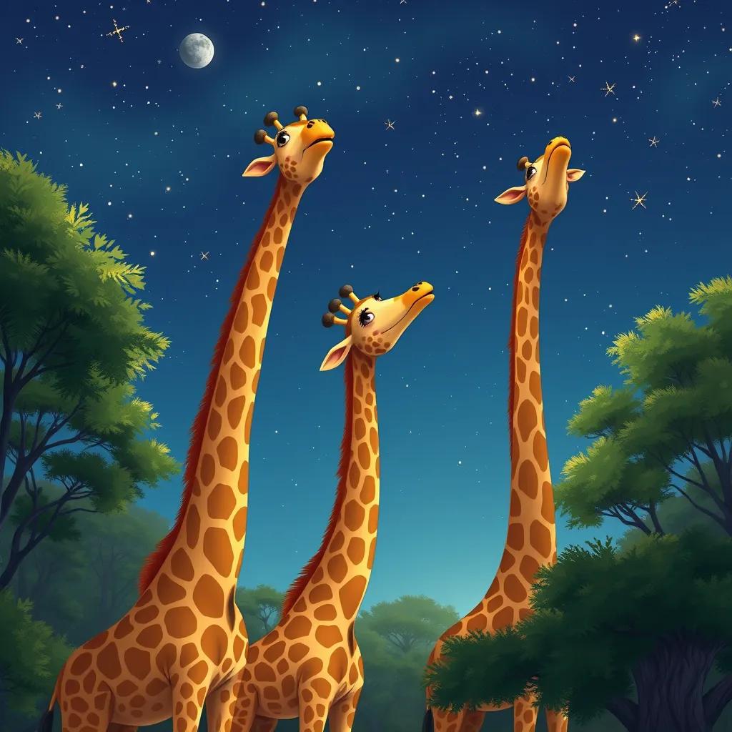 Giraffes stretching their long necks to watch stars in a clear night sky, surrounded by trees, friendly atmosphere, magical night illustration, high detail