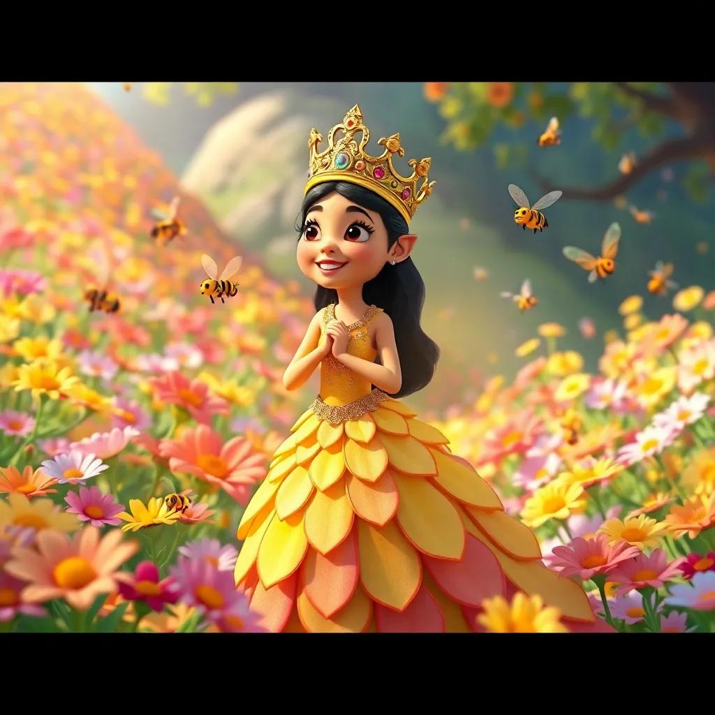 A beautiful kingdom full of flowers with bright colors, bees buzzing around happily, a wise and kind queen bee named Nahlila wearing a golden crown and a flowing gown made of flower petals, digital art, bright and cheerful colors, peaceful atmosphere, high quality
