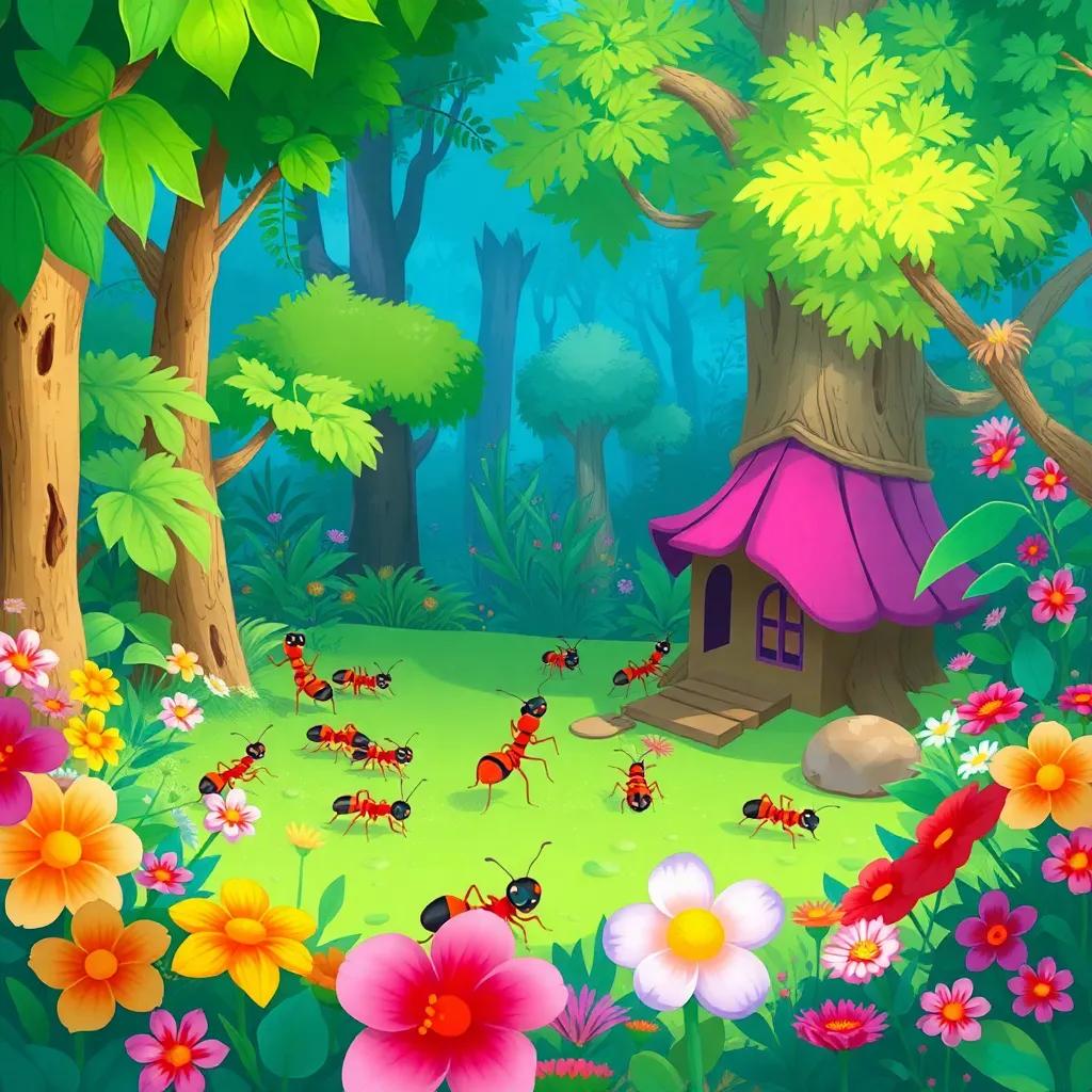 A peaceful ant kingdom in a lush green forest, with busy ants working together, surrounded by vibrant flowers and trees, charming atmosphere, digital art, colorful, detailed, high quality