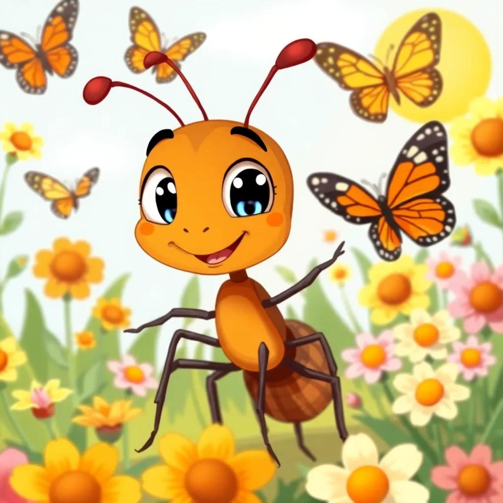 A young ant named Nuno, with big curious eyes, playfully chasing butterflies in a flower garden, wearing a playful expression, sunny day, cheerful and bright colors, whimsical style, high quality