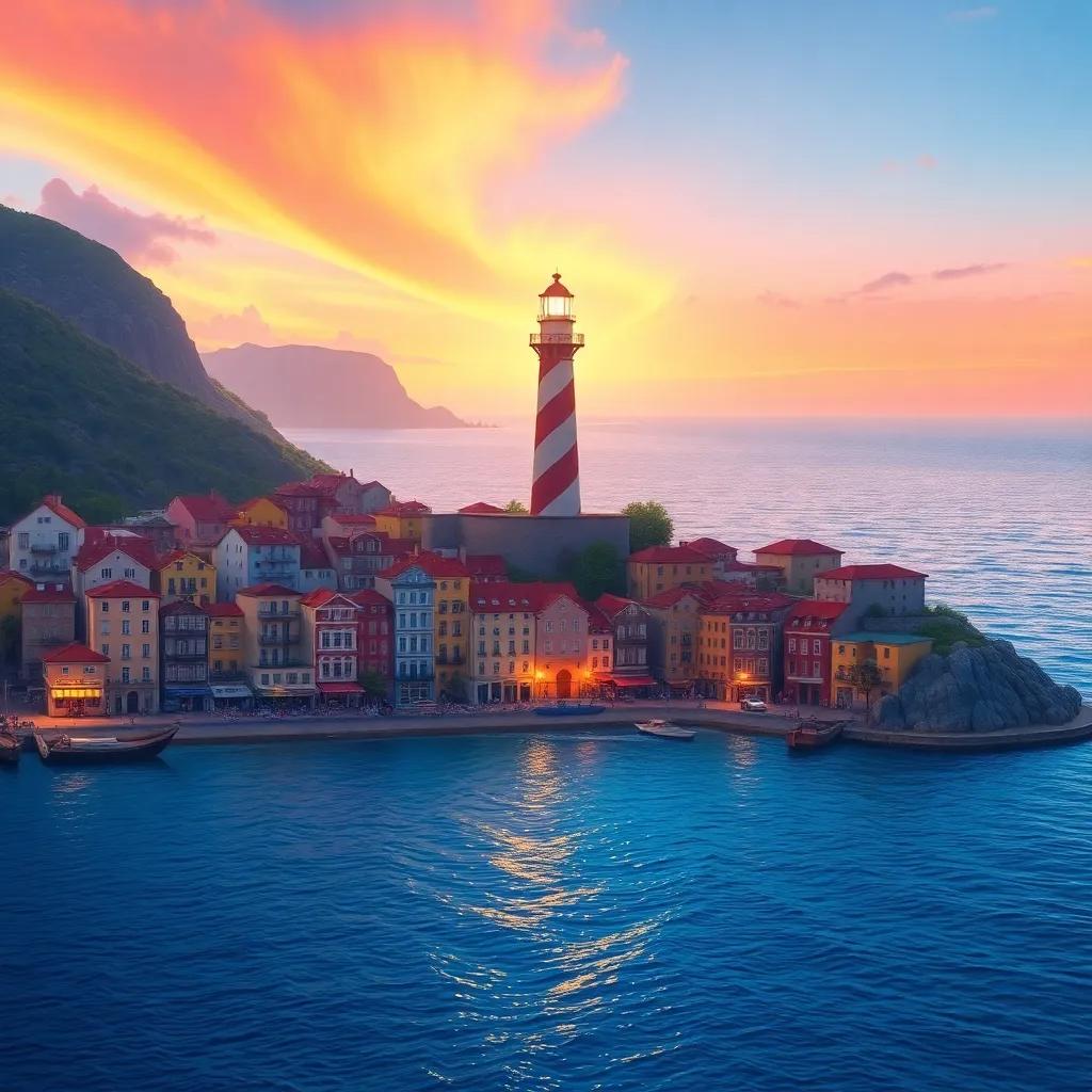 A beautiful coastal city with a tall lighthouse shining brightly, colorful buildings along the shore, calm blue sea, sunset sky, digital art, cheerful and vibrant, inviting scenery