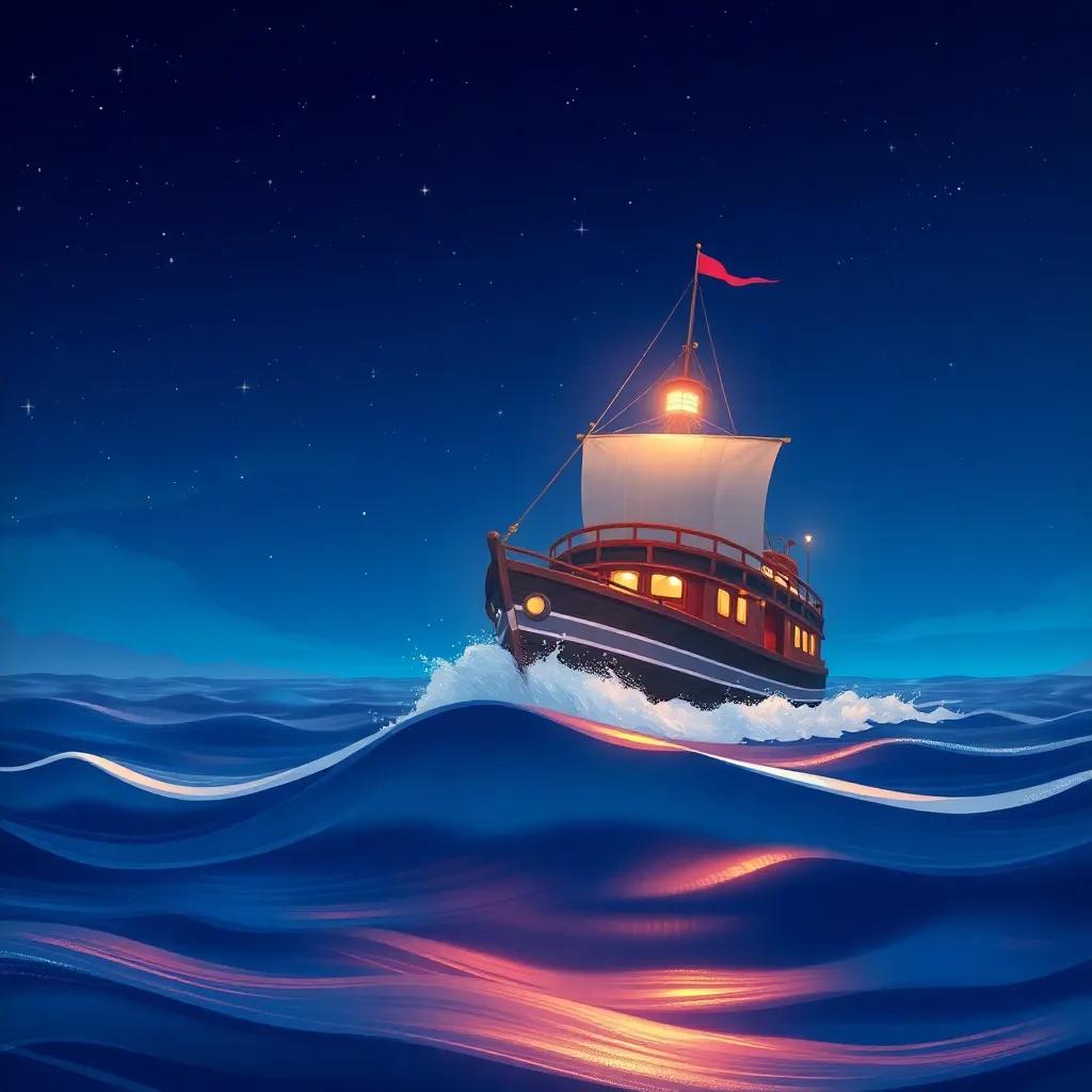 A ship navigating through the sea at night, guided by the bright light of the lighthouse, waves gently splashing against the hull, starry sky above, illustration, engaging, adventurous atmosphere