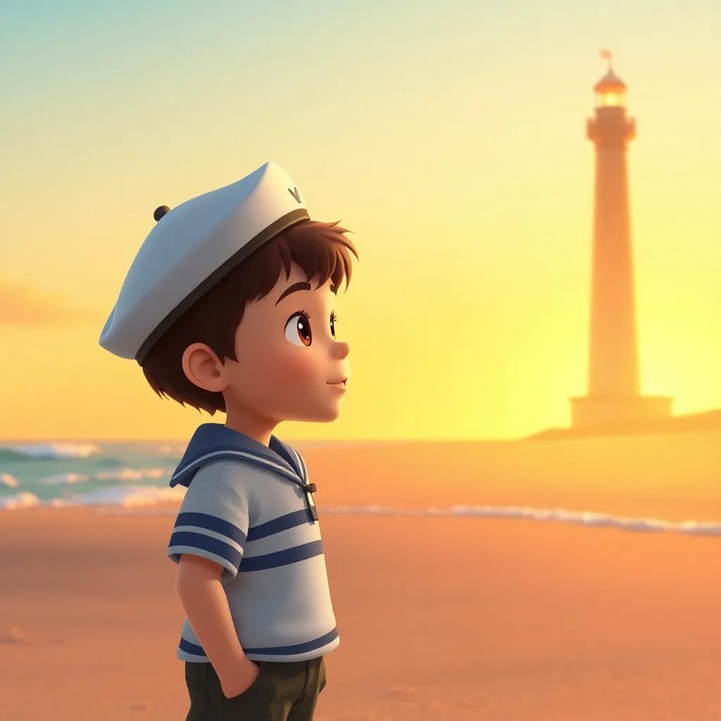 A young boy standing on the beach, looking at the lighthouse with admiration in his eyes, wearing a sailor's hat, sandy beach and gentle waves in the background, warm colors, heartwarming scene