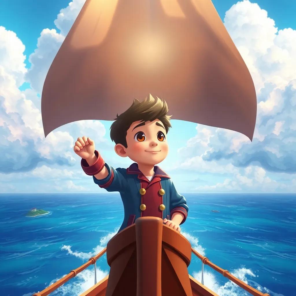 The boy imagining himself as a captain on a grand ship, sailing through distant islands, clouds floating in the sky, his determination shining, vibrant illustration, inspirational