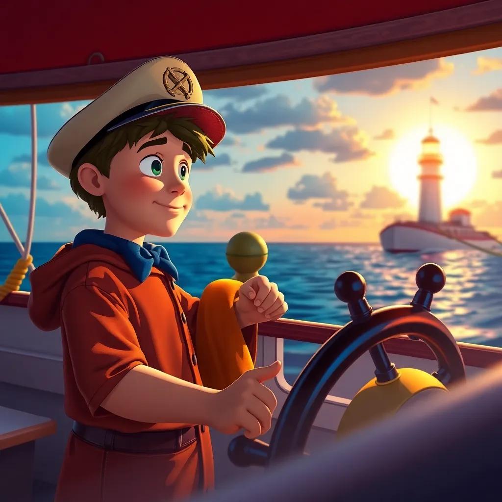 The young boy as a well-known captain, steering his ship, looking confidently towards the lighthouse in the distance, sunset glowing in the background, colorful, adventurous moment
