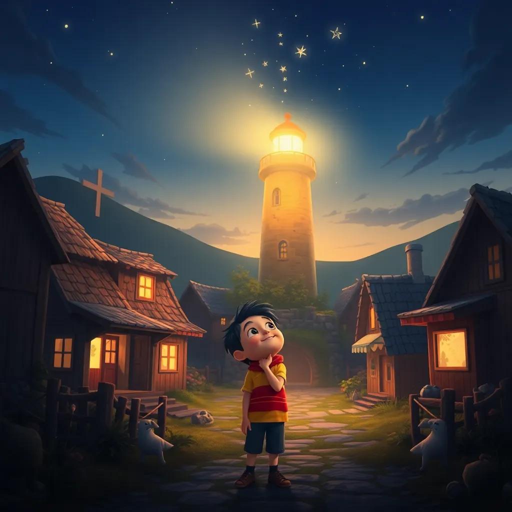 A small village at dusk, showcasing a shining lighthouse illuminating the stars, with a boy named Sami looking up excitedly, surrounded by warm colors and shadows, realistic art, cozy atmosphere, high detail