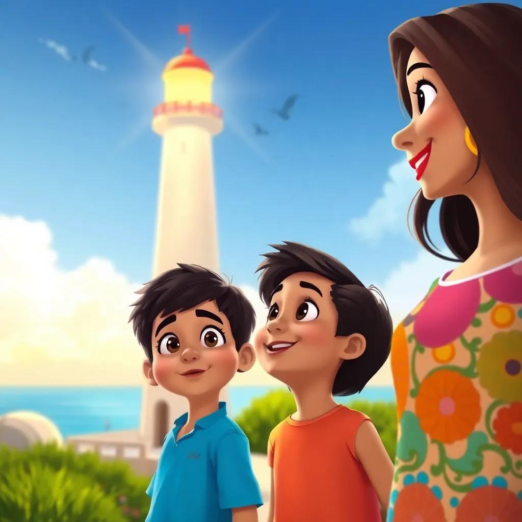 A close-up of Sami, a young Arab boy with short black hair, wearing a bright blue shirt, standing beside his mother Leila, a young Arab woman with long dark hair wearing a colorful dress, both looking at the lighthouse with wonder, cheerful and vivid colors, friendly scene, illustration, engaging perspective