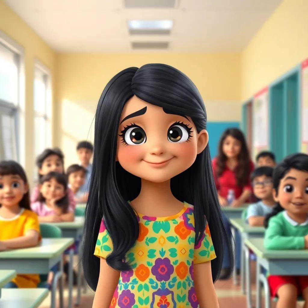 A young Arab girl, Manal, with long black hair, wearing a colorful dress, entering a new school with a nervous smile, surrounded by friendly teachers and students, bright classroom, digital art, cheerful atmosphere, vibrant colors, inviting view, high quality