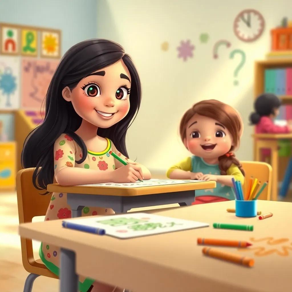 Manal, a young Arab girl, with long black hair, in a colorful dress, sitting at her desk with a girl beside her, both happily drawing on paper with crayons, colorful drawings surrounding them, bright classroom, warm light, friendly vibe, high quality