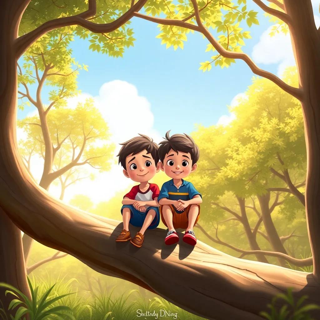 A bright morning in a sunny forest with two playful boys, one older than the other, sitting on a giant tree branch, cheerful atmosphere, digital art, warm colors, inviting scene, high quality