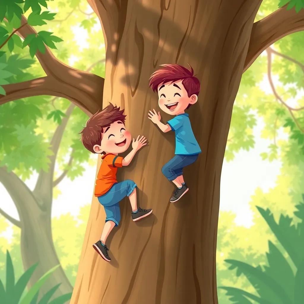 Two boys climbing a big tree together, laughing and encouraging each other, surrounding greenery and sunshine, playful mood, illustration, vibrant, child-friendly, high quality