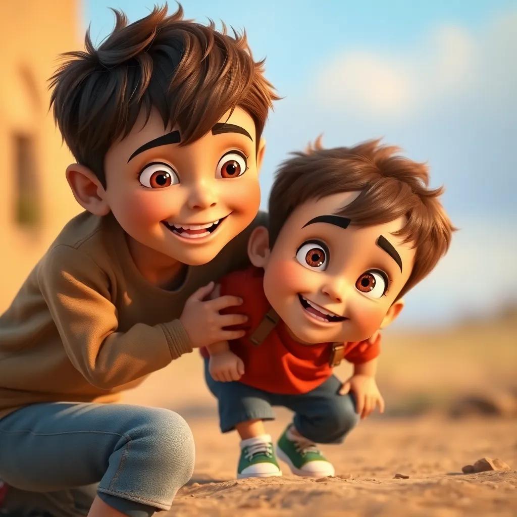 An older boy helping his younger brother regain balance after he slipped, both appearing determined and happy, close-up of supportive moment, detailed, warm light, gentle focus, high quality