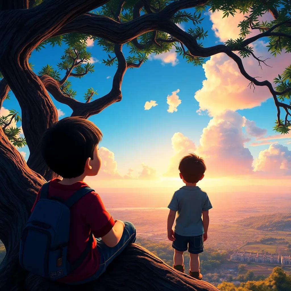 A breathtaking view from the top of a tree showing a beautiful landscape, the two boys looking amazed, colorful sky and scenery, adventure theme, digital painting, bright colors, high quality