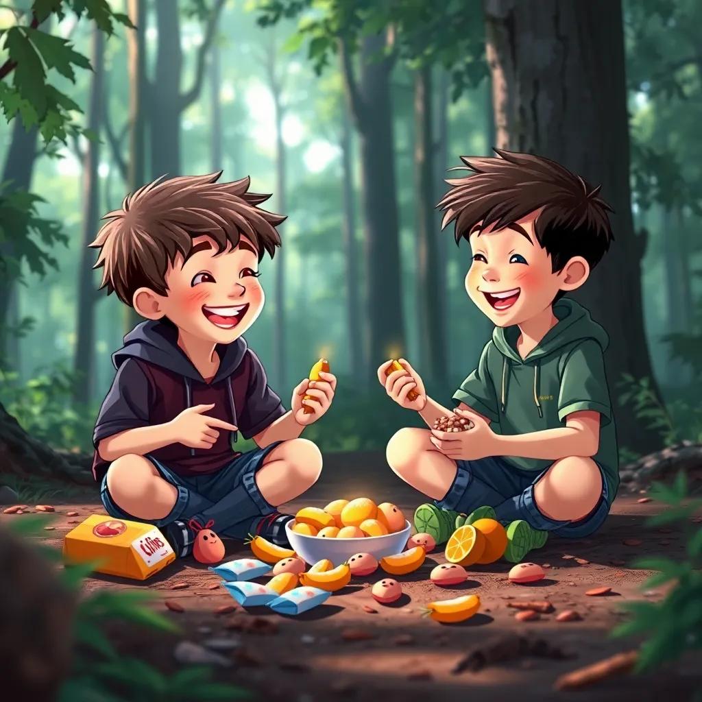 Two boys sharing snacks in the forest, with snacks spread out on the ground, sharing laughter and stories, relaxed atmosphere, child-friendly art, vibrant, high quality