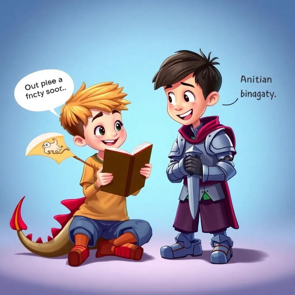 One boy insisting on reading a dragon story while the other prefers a knight story, playful argument with smiles and gestures, illustrated scene, dynamic colors, engaging, high quality