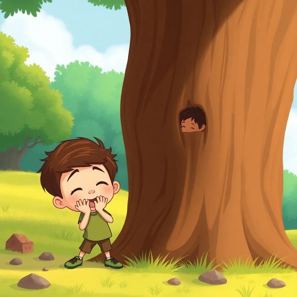 The boys playing hide and seek behind a large tree, one boy counting with closed eyes, the other hiding behind the tree, joyful moment, illustration, lively colors, fun atmosphere, high quality