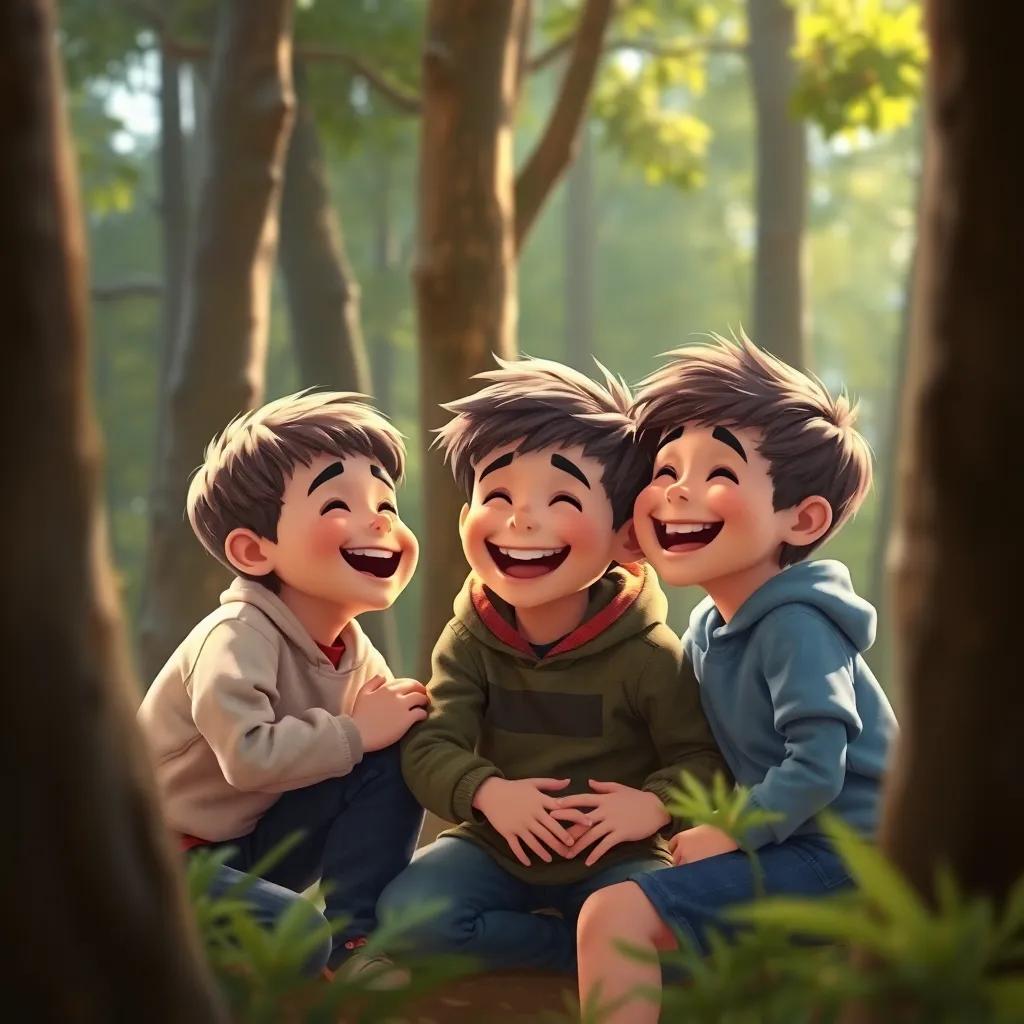 The boys laughing after the game of hide and seek, surrounded by trees, reflecting their bond and friendship, heartwarming scene, digital art, soft light, joyful, high quality