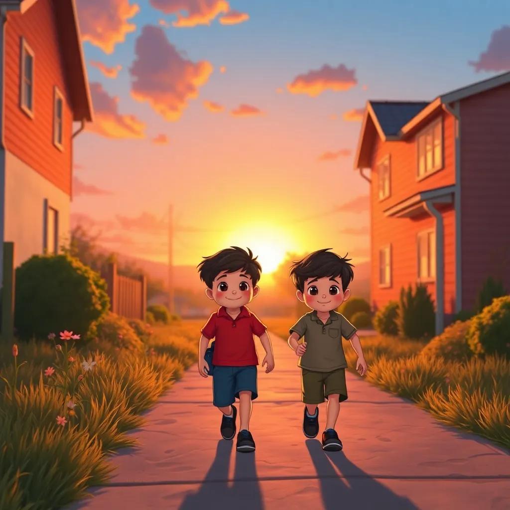 The boys walking home after a fun day, tired yet happy, with the sun setting beautifully in the background, serene end of day, digital art, warm hues, peaceful, high quality