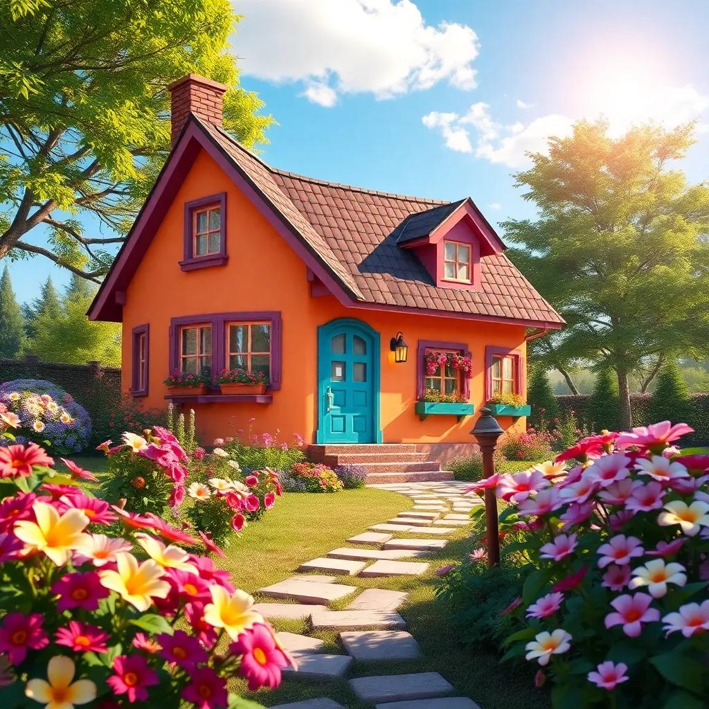 A beautiful house with colorful walls, surrounded by blooming flowers in a lush garden, under a bright sunny sky, warm and inviting atmosphere, digital art, vibrant colors, joyful perspective, high quality