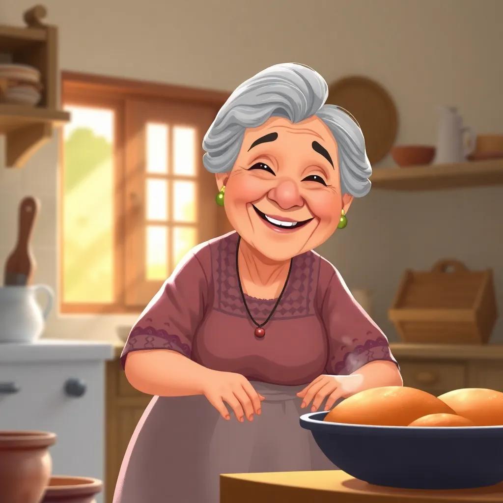 An elderly woman, Noura's grandmother, with gray hair and a warm smile, wearing a traditional dress, baking in the kitchen, the sunlight streaming through the window, creating a cozy environment, cheerful atmosphere, illustration, heartwarming, child-friendly