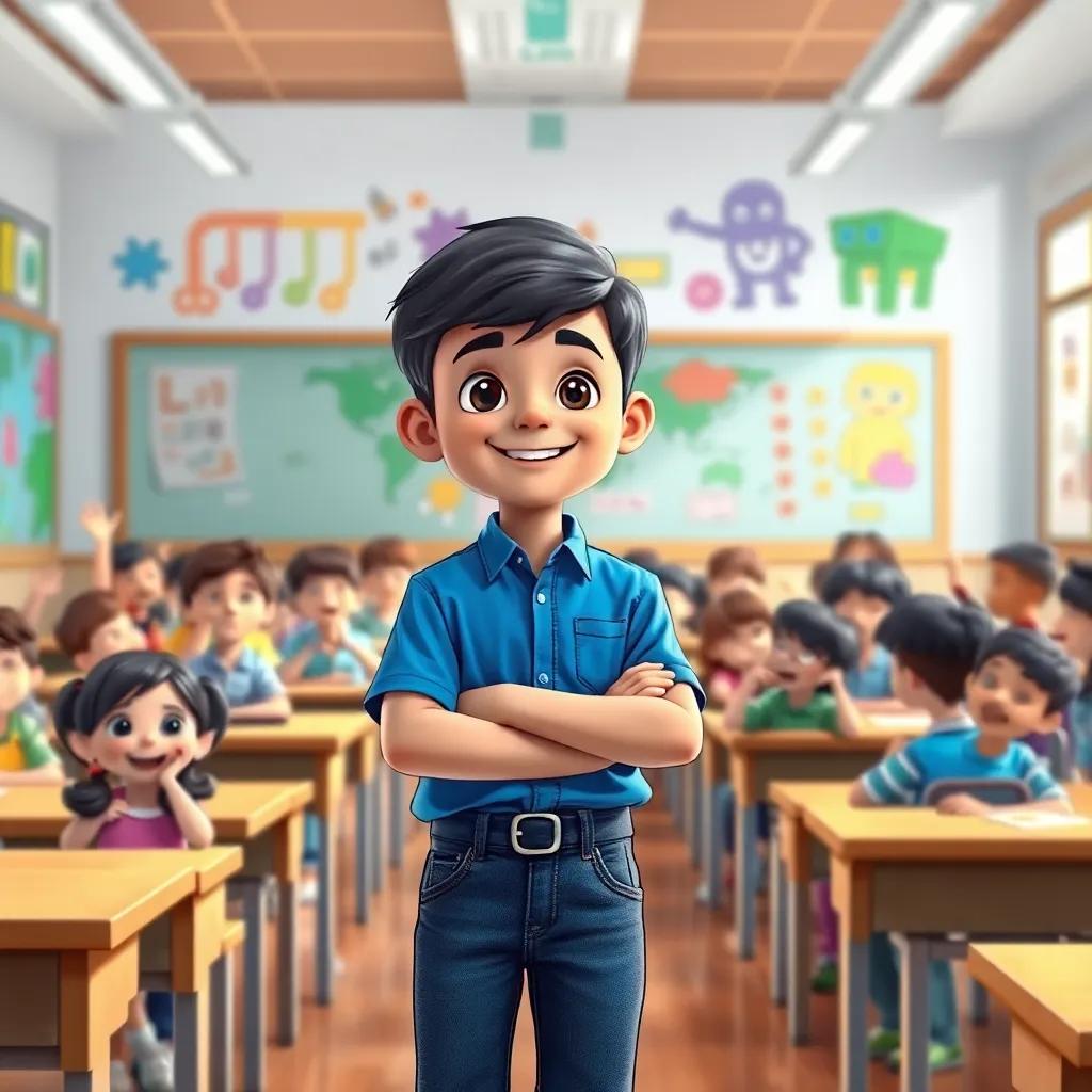 A young Arab boy, منصور, with short black hair wearing a bright blue shirt and jeans, standing in front of a classroom filled with excited students, colorful drawings on the walls, lively environment, illustrative style, inviting and energetic vibe, high quality