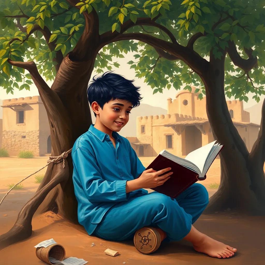 A young Arab boy, Mansour, with short black hair, wearing a bright blue shirt and jeans, sitting under a tree in a small village, reading a book with excitement, digital art, warm colors, inviting atmosphere, high quality