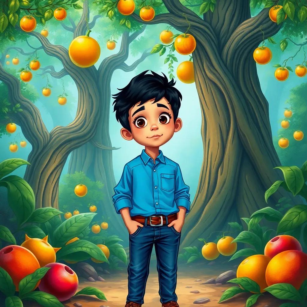 A young Arab boy, Mansour, with short black hair, wearing a bright blue shirt and jeans, standing in a magical forest with giant trees and mysterious fruit, looking surprised and intrigued, colorful illustration, adventure-themed, child-friendly