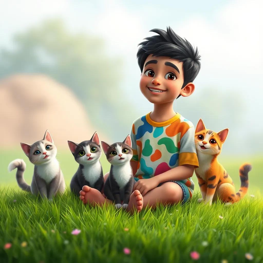 A young Arab boy, منصور, with short black hair wearing a colorful t-shirt, smiling while sitting on a green grass field with four cats, digital art, vivid colors, cheerful atmosphere, high quality