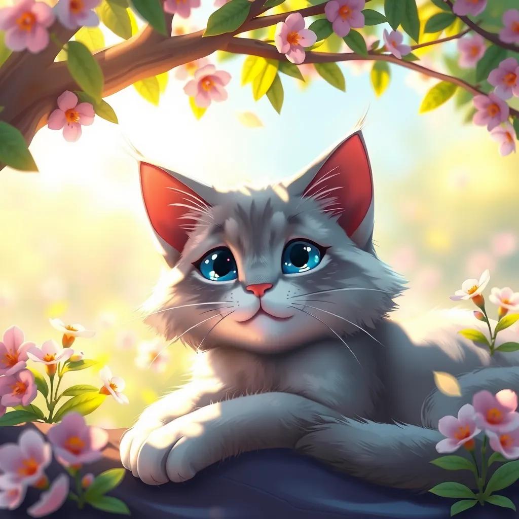 A female cat, لونا, with soft gray fur and blue eyes, resting under a tree's shade, surrounded by blooming flowers, vibrant colors, warm light, peaceful ambiance