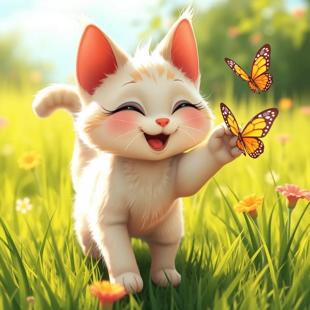 A playful female cat, نالا, with cream-colored fur, chasing a butterfly in a grassy area, sunny day, lively colors, joyful scene, cartoon style
