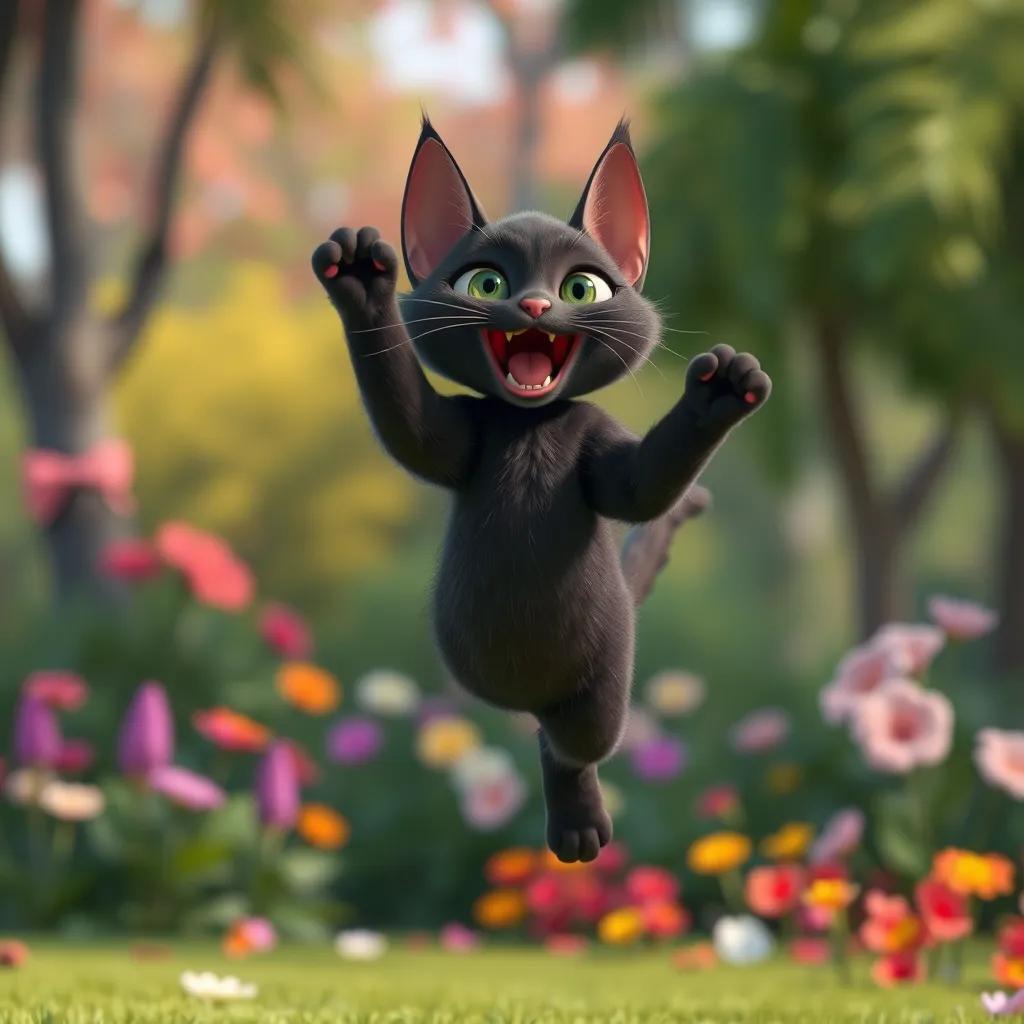 A female cat, ستورم, with sleek black fur, jumping in the air excitedly in a park, colorful flowers in the background, playful and energetic, high-quality digital art