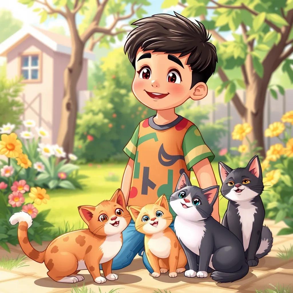 A young Arab boy, منصور, with short black hair, wearing a colorful t-shirt and jeans, playing with four cats in a sunny garden with flowers and trees, digital art, bright colors, cheerful atmosphere, high quality