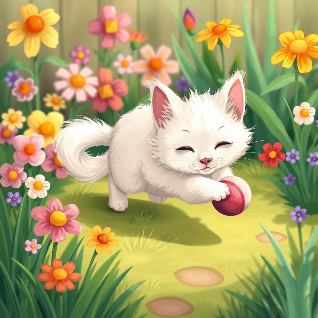 A playful cat, موزة, with fluffy white fur, chasing a small ball in the garden, surrounded by colorful flowers and green grass, illustration, vibrant colors, child-friendly, warm atmosphere