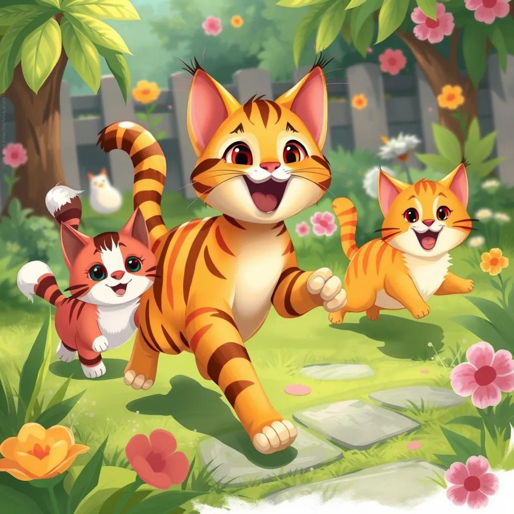 A playful cat, شقاوة, with striped fur, running around in the garden with the other cats, creating a fun and lively scene, digital painting, energetic colors, joyous and lively atmosphere