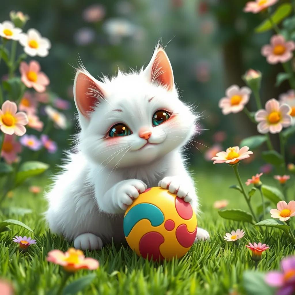 A cute cat named ميمي, fluffy white fur, playing with a colorful ball in a green garden, flowers blooming around, digital art, vibrant colors, playful scene