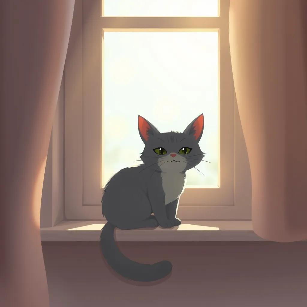 A calm cat named توتو, with gray fur, sitting on a window sill, gazing outside, soft sunlight streaming in, cozy atmosphere, illustration, warm light