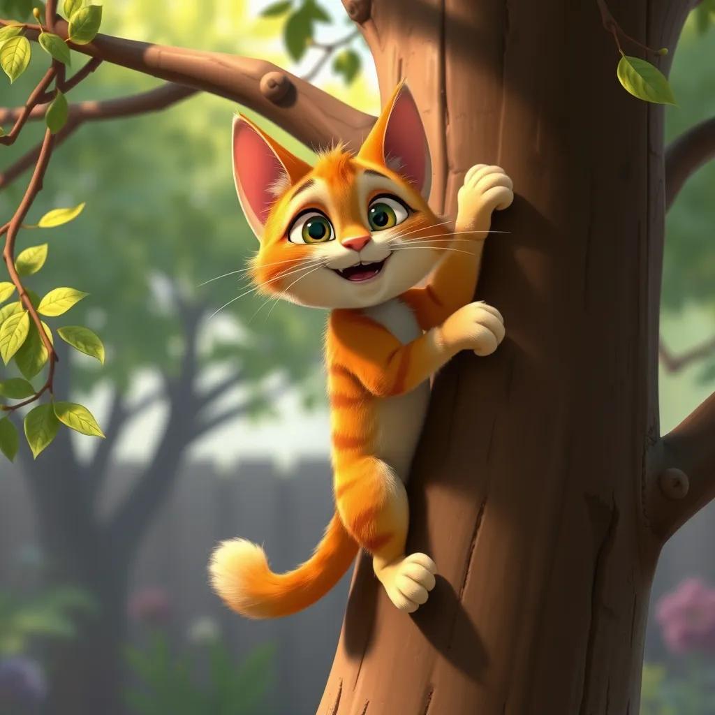A mischievous cat named زيزو, with orange fur, climbing a tall tree in the garden, branches swaying gently, leaves fluttering in the wind, adventure-themed art, lively scene