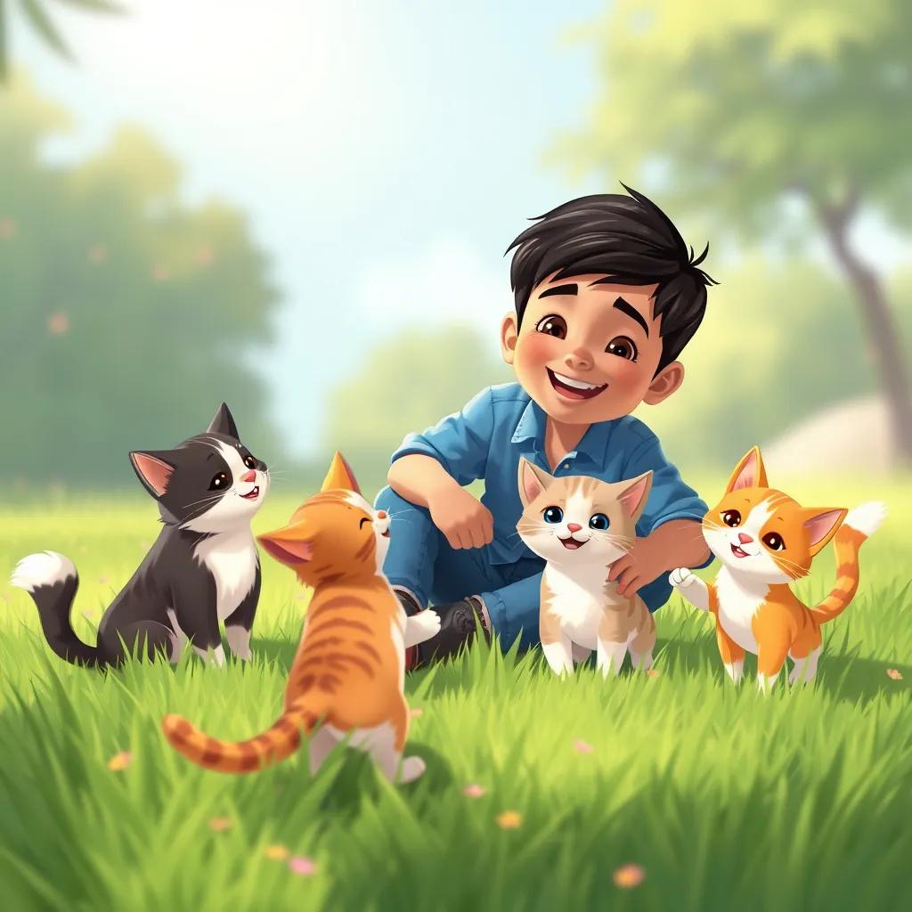 A young Arab boy, منصور, with short black hair, in a blue shirt and jeans, happily playing with his three cats on the grass, bright colors, joyful moment, heartwarming illustration