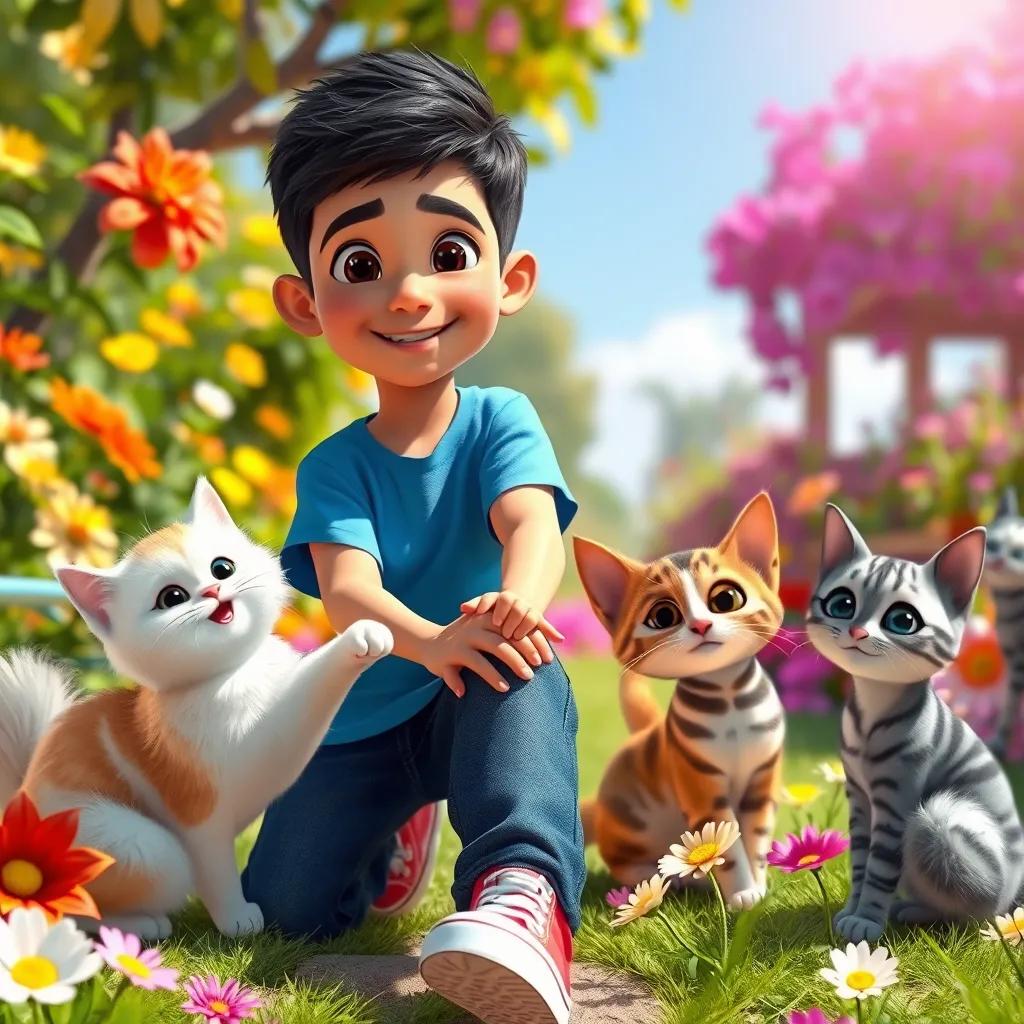 A young Arab boy, منصور, with short black hair, wearing a blue t-shirt and jeans, playing in a colorful garden with three playful cats: Lolo, a fluffy white cat, Bella, a sleek orange cat, and Mimi, a striped gray cat, bright flowers surrounding them, cheerful atmosphere, digital art, vibrant colors, sunny day, immersive scene