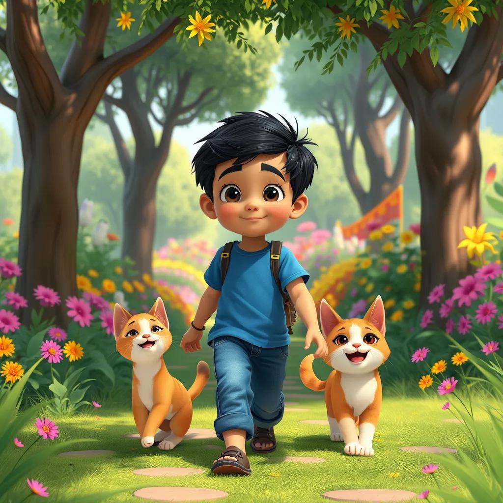 A young Arab boy, منصور, with short black hair, wearing a blue t-shirt and jeans, leading three playful cats in a colorful garden, exploring under tall trees and vibrant flowers, illustration, adventure-themed, child-friendly, detailed