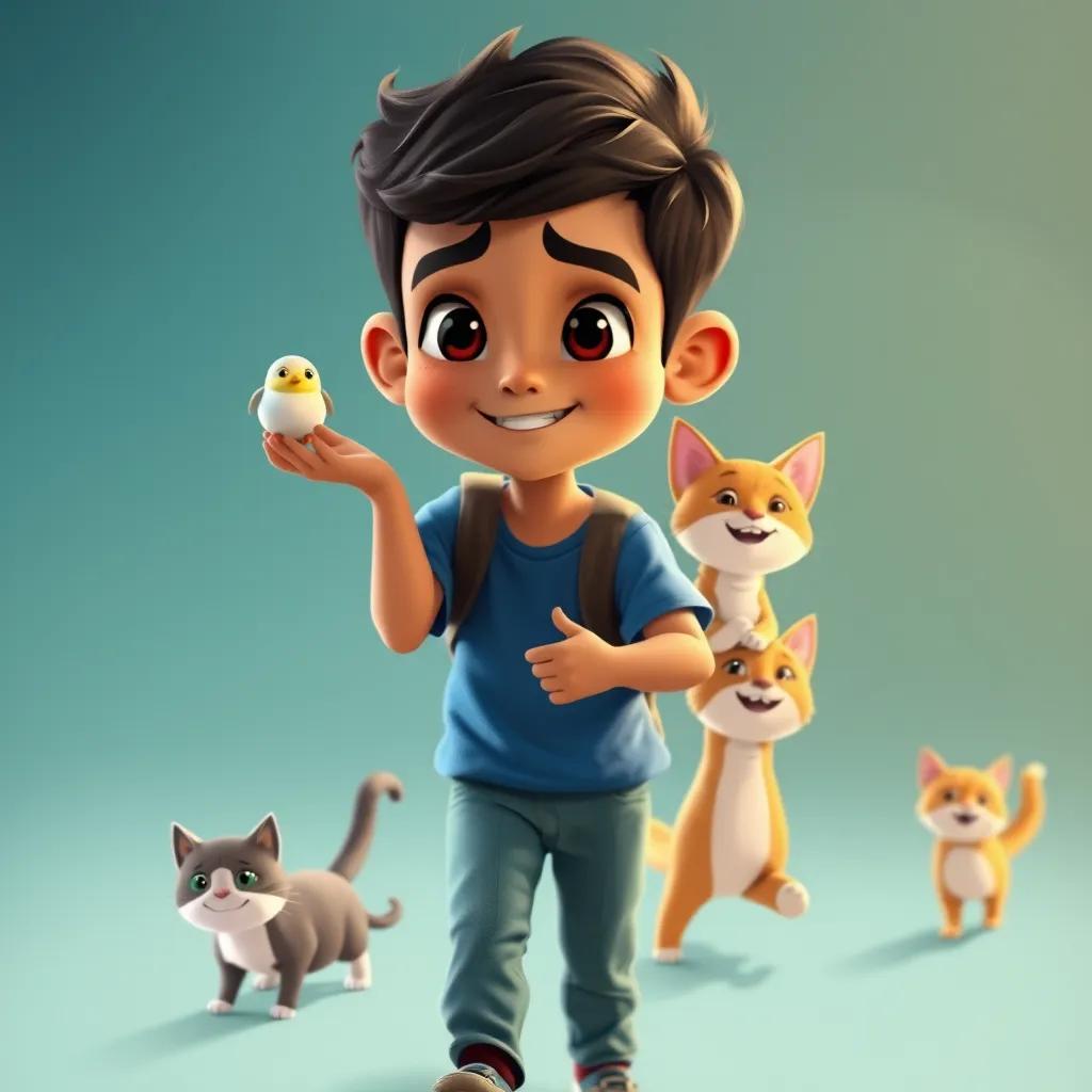 A young Arab boy, منصور, with short black hair, wearing a blue t-shirt and jeans, returning with friends to save the small bird, his three cats happily following him, supporting scene, uplifting atmosphere, illustration, vibrant colors